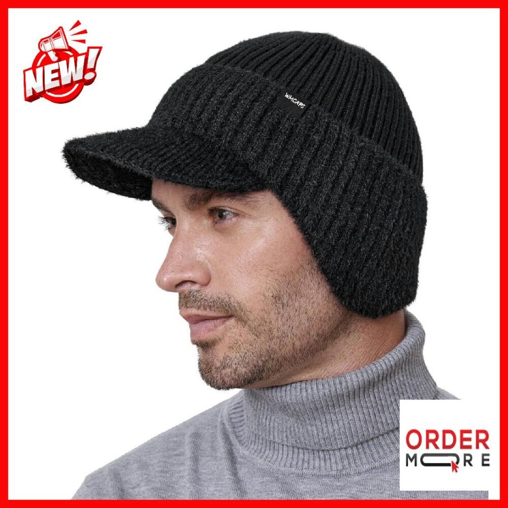 Fleece Lined Winter Beanie With Brim And Ear Flaps, Unisex Thermal Hat